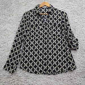Express Portofino Women Dog Print Blouse Size Medium Roll Sleeve Slim
